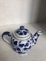 Andrea by Sadek Miniature Teapot Porcelain White with Blue Leaf  Design - $12.27 CAD