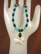 (s5-42) 1-1/4&quot; Modern Tiger Shark Tooth Black Onyx + Turquoise Bead 20&quot; Necklace - £54.11 GBP