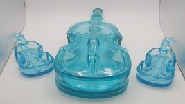 VTG Violin Candy Dish W Two Ashtray/Trinket Aqua Blue Glass Home Decor Gift READ - £31.29 GBP