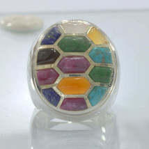 Mosaic Inlay All Natural Gemstones Handmade 925 Silver Ring size 10 Design 543 - £223.44 GBP