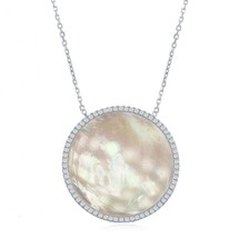 Sterling Silver Mother of Pearl Disc with CZ Border Necklace - £60.93 GBP
