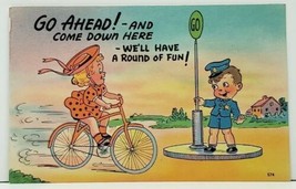 Cute Police Boy Go Ahead And Come Down Here For Fun Girl On Bicycle Postcard I16 - $5.99