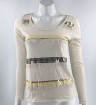 Lucky Brand Top Size Small Cream Yellow Sequin Stripe Cotton Long Sleeve... - £12.37 GBP