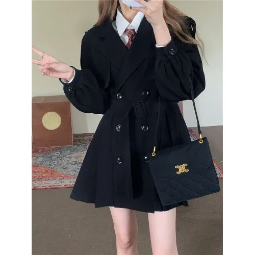 Preppy Style Mid-length Black Trench Coat &#39;s Autumn Loose Small Double-breasted  - £269.11 GBP