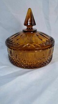 VTG Amber Indiana Glass Candy Dish Princess Diamond Point Powder Dish w/Lid - $27.10