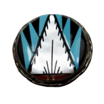 CC Booqua Boque Zuni Handmade Silver Pin Pendant 7/8&quot; Geometric Inlay - £55.84 GBP