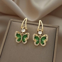 18K Gold Plated Green Crystal Butterfly Dangle Drop Earrings for Women - £7.98 GBP