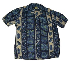 HH19 Hawaiian Tropical UI Maikai cotton Shirt Tribal Masks Drum Blue Siz... - $10.00