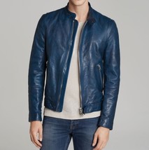 Mens Blue Leather Jacket Handmade Sheepskin Moto Biker Men Leather Jacke... - £93.96 GBP