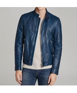 Mens Blue Leather Jacket Handmade Sheepskin Moto Biker Men Leather Jacke... - £94.81 GBP