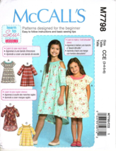 McCall&#39;s M7798 Girls 3 to 6 Easy Pullover Dresses Uncut Sewing Pattern New - $12.11