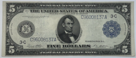 1914 $5 Five Dollar United States Federal Reserve Note Large Blue Seal Bill - $210.36