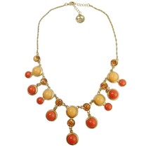 Vintage Crown Trifari Peach Coral Cabochon Bib Gold Necklace Crystal Rhi... - £23.15 GBP