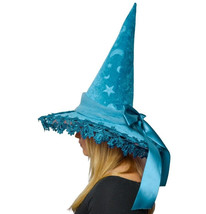 Teal Blue Velvet Celestial Moon Stars Lace Witch Hat Womens Halloween Costume - £26.91 GBP