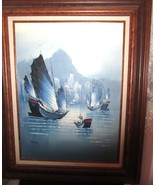 Original 20th Century Vintage Oriental Seascape Boats Oil &amp; Impasto Pain... - $497.28