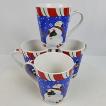 Vintage 1990s Christmas Holiday Snowman Cardinals SET OF 4 Mugs 4.5&quot; Tall - £10.20 GBP