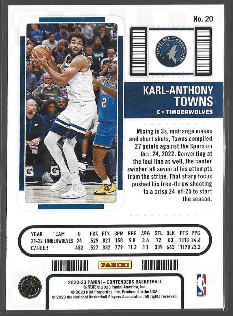 Primary image for 2022 Panini Contenders #20 Karl-Anthony Towns Near mint or better