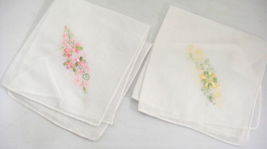 Vintage Hankie Handkerchief Lot of 2 Pink Yellow Embroidered Flowers 10&quot; - £6.66 GBP