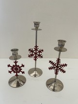 Holiday Red Snowflake Themed Silver-Plated Candle Holders *Set of 3* - £27.83 GBP