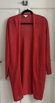 J Jill Cardigan Duster Sweater Sz Small Coral Red Linen Blend Open Front Pockets - £20.83 GBP