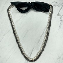 Faux Pearl Beaded Black Ribbon Tie Statement Necklace - £5.56 GBP
