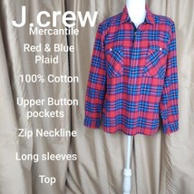 J.crew Mercantile Red&amp;Blue Plaid 100% Cotton Upper Pockets Zip Neck  Top Size L - £17.38 GBP