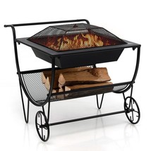 Portable Outdoor Wheeled Log Storage Rack and Wood Burning Fire Pit - £185.18 GBP