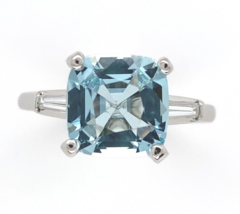 Platinum 2.51 Carat Cushion Cut Aquamarine Ring with Diamond Baguettes (#J6545) - £1,361.14 GBP