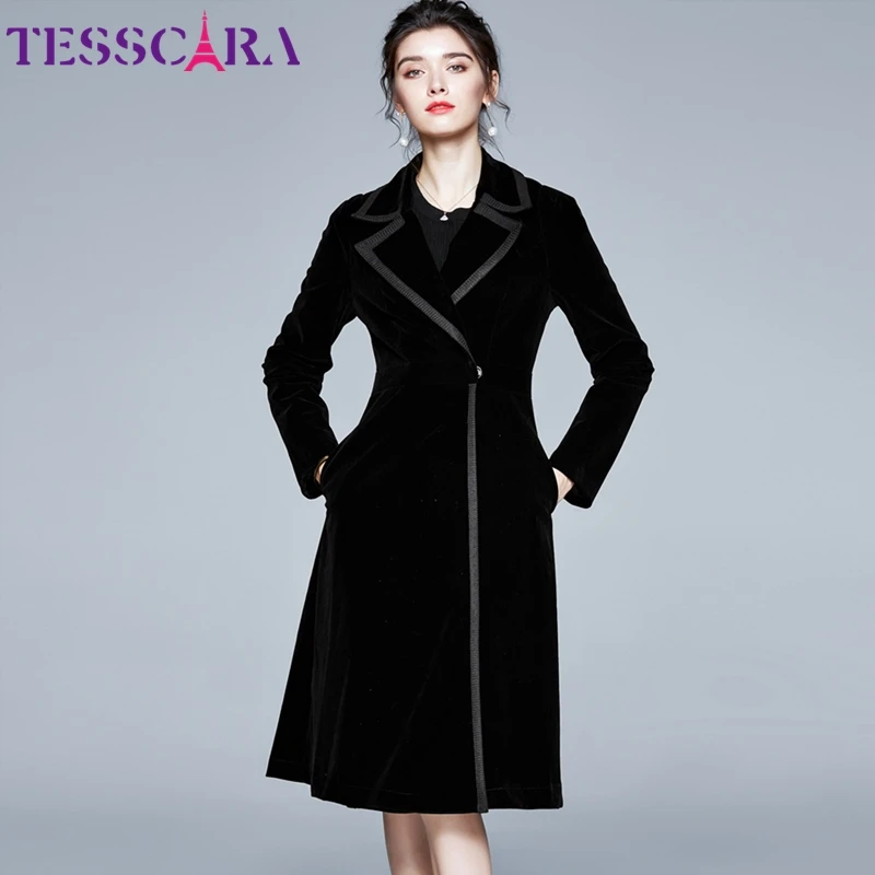 TESSCARA  Autumn &amp; Winter Long Elegant Velvet Trench Coat Female High Qu... - $293.07