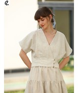 Women&#39;s pure linen V-neck short-sleeved waist button shirt - £55.30 GBP+