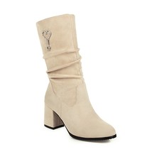 flock green beige pleated mid-calf boots for woman chunky high heels winter flee - £61.56 GBP