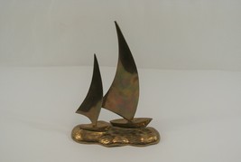 Brass Paper Weight Sculpture Sailboats on Ocean Water 8.5&quot; Marine Nautical Ships - £18.88 GBP