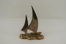 Brass Paper Weight Sculpture Sailboats on Ocean Water 8.5&quot; Marine Nautical Ships - £17.92 GBP