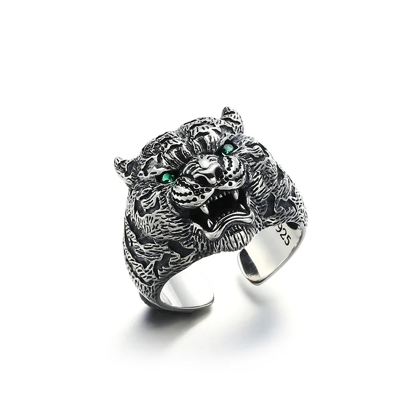 S925 Sterling Silver Rings New Fashion Three Dimensional Tiger Heads Zircon Pure - £56.05 GBP