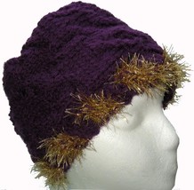 Purple Hand Knit Hat with Gold Highlights - £19.65 GBP