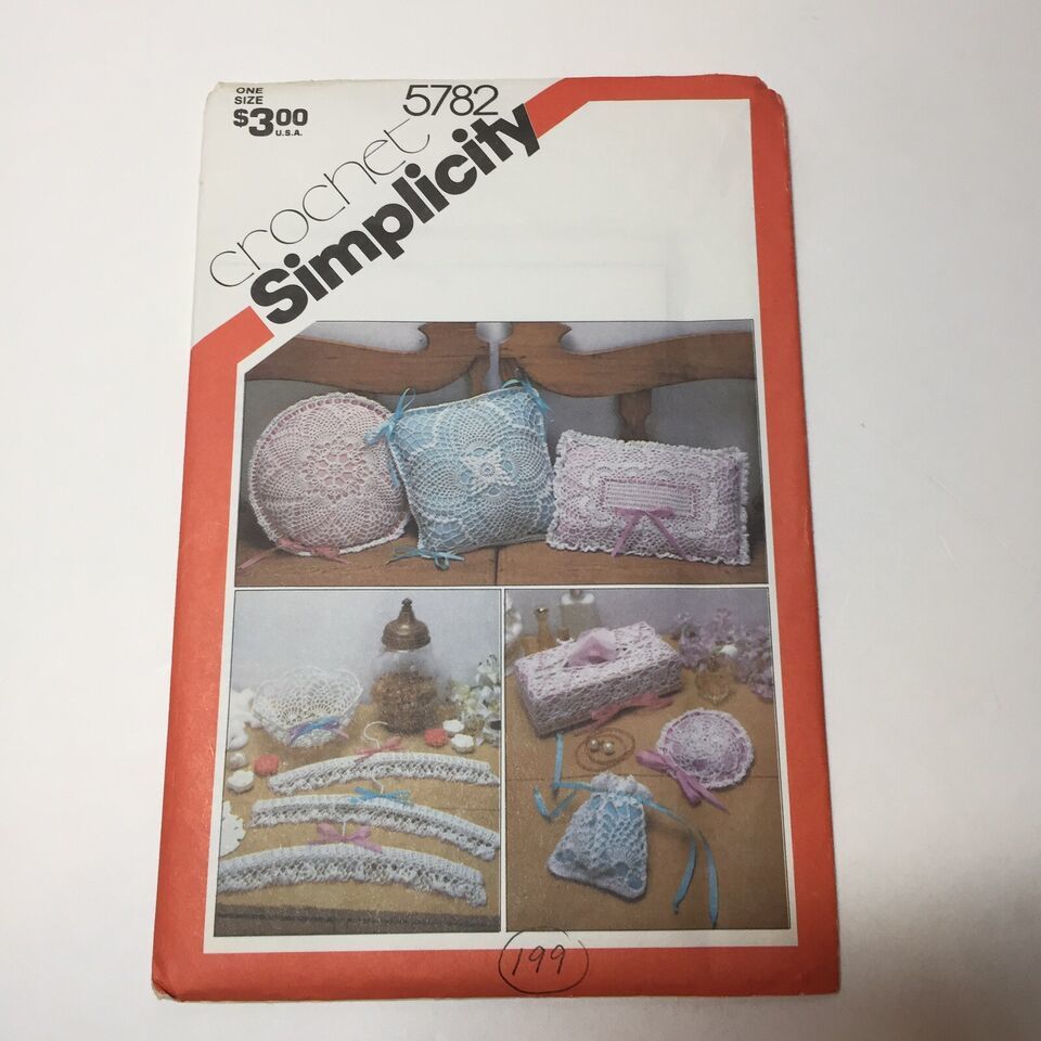 Simplicity 5782 Crochet Accessories Pillow Tissue Box Cover Bowl Sachet Hangers - $12.86