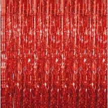 Valentine&#39;s Red Fringe Curtain Backdrop - Shimmering Metallic Tinsel Par... - $21.77