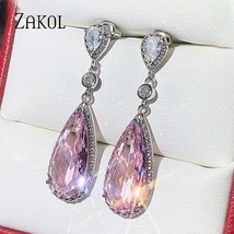 ZAKOL New Fashion Pink Cubic Zirconia Long Dangle Drop Earrings for Women Ear Je - £14.80 GBP