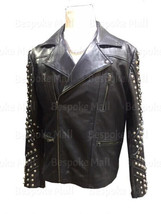 New Men&#39;s Black Motorcycle Silver Studded Genuine Leather Brando Jacket-967 - £219.41 GBP