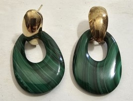 Vintage Beautiful Malachite &amp; Goldtone Metal Dangle Earrings - £22.49 GBP
