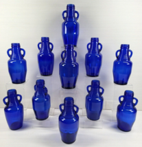 11 Cobalt Blue Bottles Set Vintage Double Handled Ribbed Neck Glassware Lot - £85.78 GBP