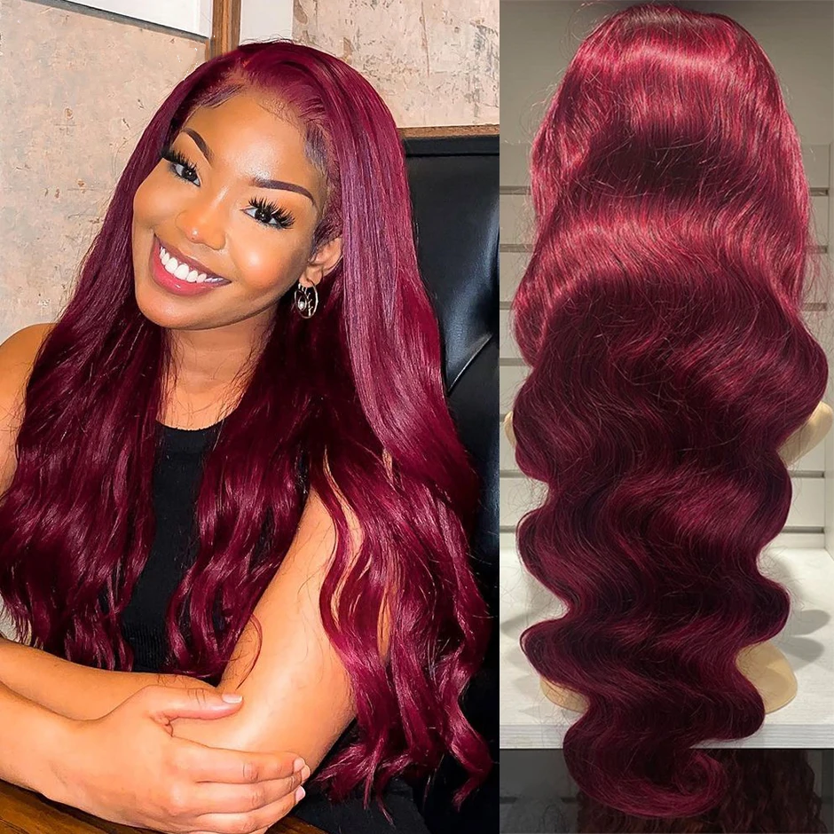 99J Human Hair Lace Front Wig Burgundy Body Wave Lace Frontal Wig For Bla - £75.27 GBP+