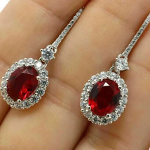 4Ct Oval Cut Simulated Red Garnet Drop &amp; Dangle Earrings 14K White Gold Plated - £46.03 GBP