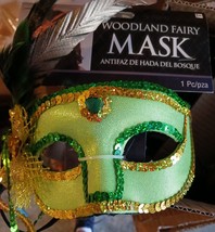 Woodland fairy Costume Masquerade Mask (Green Gold Sequins Jewels Feathers) New - £4.82 GBP