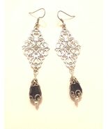 Silver tone earrings Black crystal earrings Victorian earrings Boho Earr... - $34.00