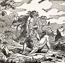 1922 David Killing The Luon By The Jaw Wood Engraving Bible Story Vintag... - $19.99