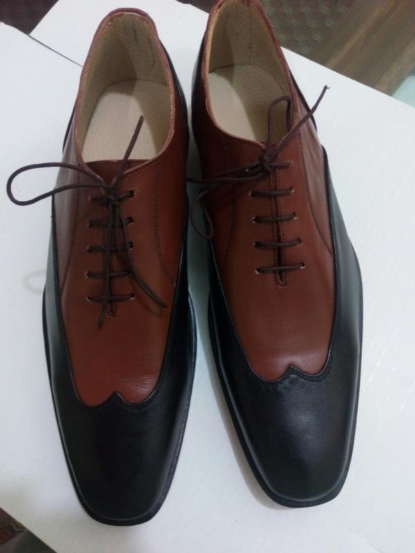 Men's Two Tone Brown Black Oxford Wing Tip Derby Toe Real Leather Laceup Shoes