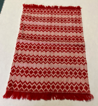 Vintage woven table scarf placemat red white pattern with fringe - $19.75