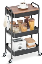 Toolf 3-Tier Rolling Cart, Metal Utility Cart With Top, Storage Craft, Black - £42.56 GBP