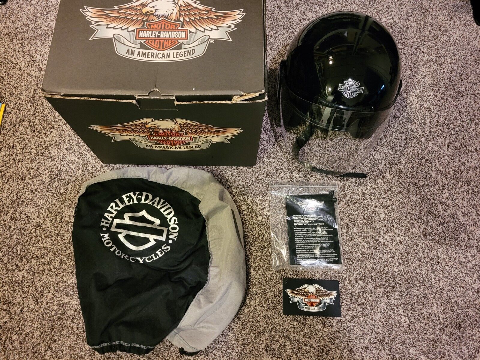 Primary image for Harley Davidson Jet DOT Motorcycle Helmet Size S Black & Visor, Box, Manual, Bag